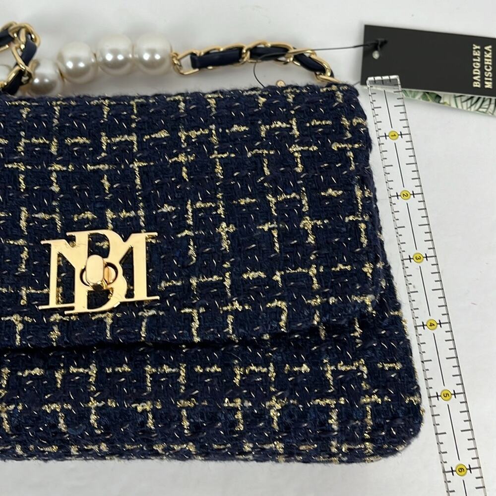 Badgley Mischka Purse Navy Blue Textured Messenger Bag Crossbody Gold Accents - Picture 6 of 11